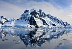 вода, лёд, отражение, снег, небо, Скалы