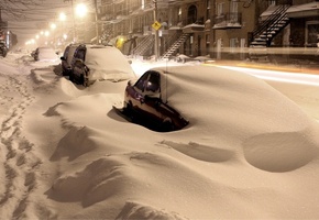 зима, машины, снег, сугробы, город, ночные огни