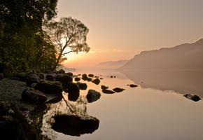 дымка, камни, Горы, лес, небо, река, туман, солнце