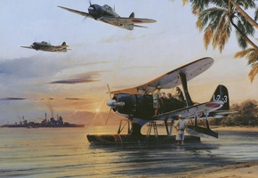 вода, Арт, пальмы, гидросамолёт, берег, вмс, японские