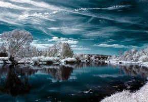 река, зима, деревья, красиво