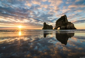 море, закат, камень, солнце, небо
