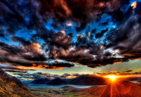 небо, Долина, горы, даль, облака, тучи, горизонт, река