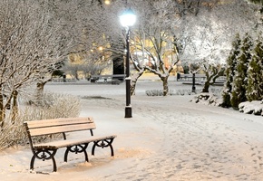 улица, скамейка, снег, фонари, освещение, пастель