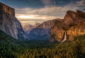 hdr, лес, Ациональный парк йосемити, небо, водопад, горы