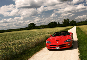 природа, облака, viper, красный, Dodge, вайпер, srt 10, поле, додж