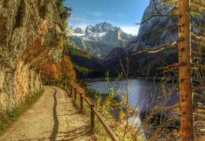 Осень, поручни, горы, река, холмы, забор, деревья, обрыв