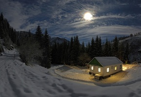 домик, свет, луна, уединение, горы, дорога, снег