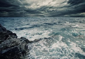 скала, небо, брызги, пасмурно, океан, вода, волны, Море