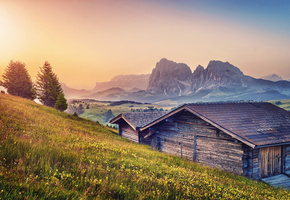 лето, Горы, дома, луга, альпы