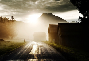 свет, дома, рассвет, солнце, солнечный, Дорога, горы