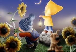 дети, животные, ночь, луна, фонарь, собака, подсолнухи, прикольные