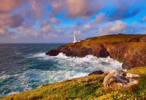 облака, скалы, океан, волны, Небо, маяк, берег