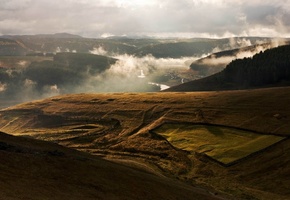 ландшафт, горы, долина, плато, дымка, туман