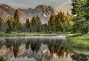 горы, река, лес, Природа, отражение