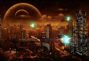 ночь, город, мегаполис, огни, вертолеты, планеты