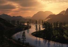 ландшафт, горы, река, изгиб, сосны, вечерний свет