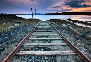 рельсы, берег, река, перспектива, природа, вечер