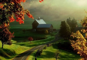 селение, домики, поля, зеленые, дорога, ограда, деревья, зелень