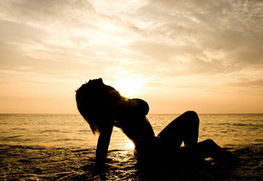 закат, девушка, солнце, море, небо