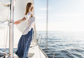 девушка, море, яхта, ветер, романтика, отдых, свобода