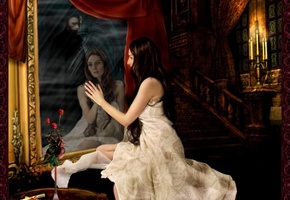 девушка, зеркало, сидит, комната, отражение