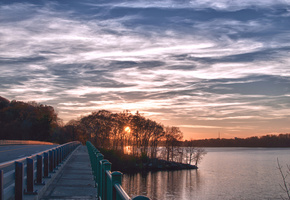 солнце, облака, закат, небо, берег, Вечер, деревья, река