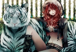 белый тигр, рыжая, сидит, аниме